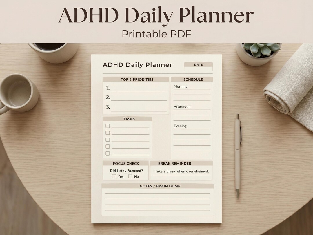 ADHD Daily Planner One Page Task Organiser Printable PDF With Schedule ...