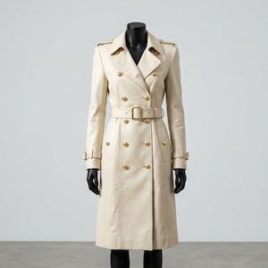 Women's Cream Leather Trench Coat | Double Breasted Beige Long Jacket Gold Buttons