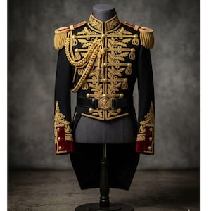 May include: A black military-style jacket with gold embroidery and accents, displayed on a mannequin. The jacket features a high collar, epaulettes, and a decorative belt. Red velvet trim is visible on the cuffs. The jacket is a formal garment.