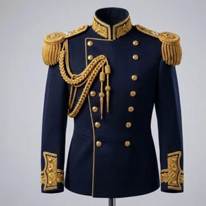 May include: A dark navy blue military-style jacket featuring gold embroidery on the high collar and cuffs. The garment includes gold-toned buttons, gold braided shoulder epaulets with fringe, and decorative gold cord aiguillettes on the chest.
