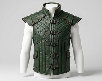Chaleco de armadura medieval de cuero - Chaqueta de arquero de cuero verde acolchado - Chaleco de cosplay vikingo renacentista - Armadura corporal de guerrero para LARP