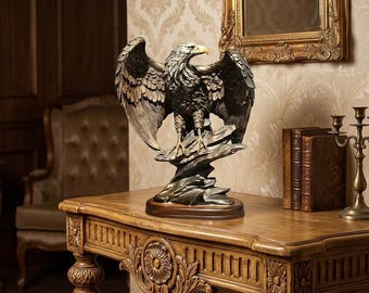 リアルな鷲の像 – 鉤爪と広げた翼を持つ雄大な樹脂製彫刻 – ゴシック調オフィス装飾