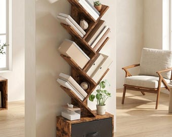 Wooden Tree Bookshelf with Drawer – 7 Tier Slim Bookcase for Home Office Decor