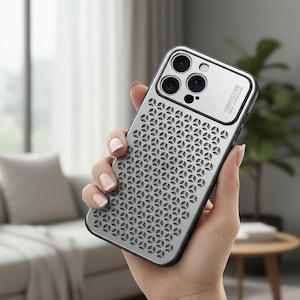 Könnte beinhalten: Silberne Handyhülle mit Wabenmuster und schwarzem Rand. Die Hülle hat einen Kameraausschnitt und den Text "HONEYCOMB". Die Handyhülle wird in einer Hand gehalten.
