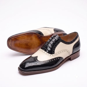 Black and White Wingtip Oxford Shoes, Handmade Leather Spectator Shoes