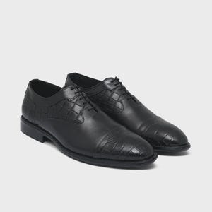 Men's Black Oxford Dress Shoes Crocodile Embossed Leather Cap Toe ; Handmade Brogue Wedding Shoes