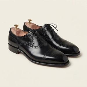 Genuine Leather Men's oxfords black Calf leather dress shoes, Handmade Toe Cap Brogue Shoe