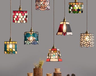 Handmade Stained Glass Pendant Light, Vintage Tiffany Style Hanging Lamp, Colorful Glass Shade Chandelier for Kitchen Island Dining Room Bar