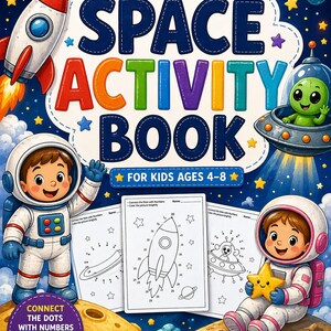 Könnte beinhalten: Ein farbenfrohes Weltraum-Aktivitätsbuch für Kinder im Alter von 4-8 Jahren. Das Cover zeigt Astronauten, Planeten, eine Rakete und den Text "SPACE ACTIVITY BOOK". Enthält Malen-nach-Zahlen-Seiten und den Text "Perfect Gift for Little Explorers!"
