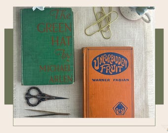 Roaring Twenties Decorative Book Set: Unforbidden Fruit & The Green Hat | 1920s Flapper Era Books | Art Deco Shelf Decor | Vintage Book Pair