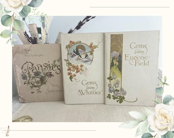 Victorian Floral Gift Book Collection | Antique Poetry Books | Shakespeare, Whittier & Eugene Field | Cottagecore Decor