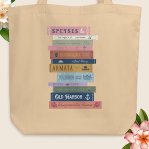 Spetses bokhylla, present till bokälskare på grekisk ö, strandväska i ekologisk bomull, souvenir för Grekland