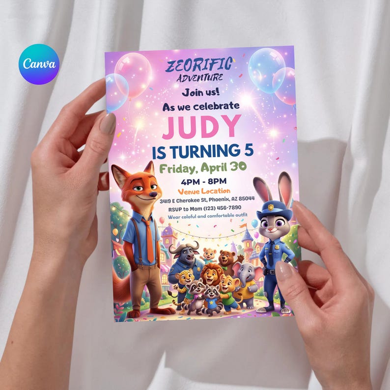May include: A colorful invitation for Judy's 5th birthday party, featuring cartoon characters and the text "ZEORIFIC ADVENTURE". The invitation includes the date, time, and venue location in Phoenix, AZ. RSVP information is also provided.