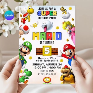 May include: A vibrant birthday party invitation with Mario characters. The invitation includes the text "JOIN US FOR A SUPER BIRTHDAY PARTY" and "MARIO IS TURNING 5". The date and time are also included.