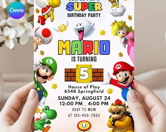 Editable Super Mario Birthday Invitation | Printable Colorful Mario Party Invite for Kids Boys Girls