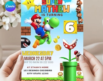 Editable Super Mario Birthday Invitation, Printable Digital Download, Colorful Party Invite for Kids Boys