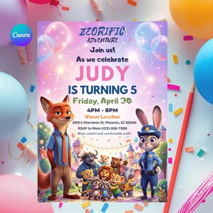 May include: A party invitation with the text "ZEORIFIC ADVENTURE" and "JUDY IS TURNING 5". The invitation features cartoon characters and balloons in a colorful design. The venue location and RSVP information are also included.