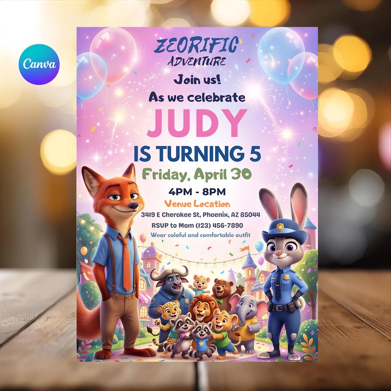 May include: A colorful invitation for a 5th birthday party. The design features cartoon characters, balloons, and the text "ZEORIFIC ADVENTURE" and "JUDY IS TURNING 5". The event details include the date, time, and location.