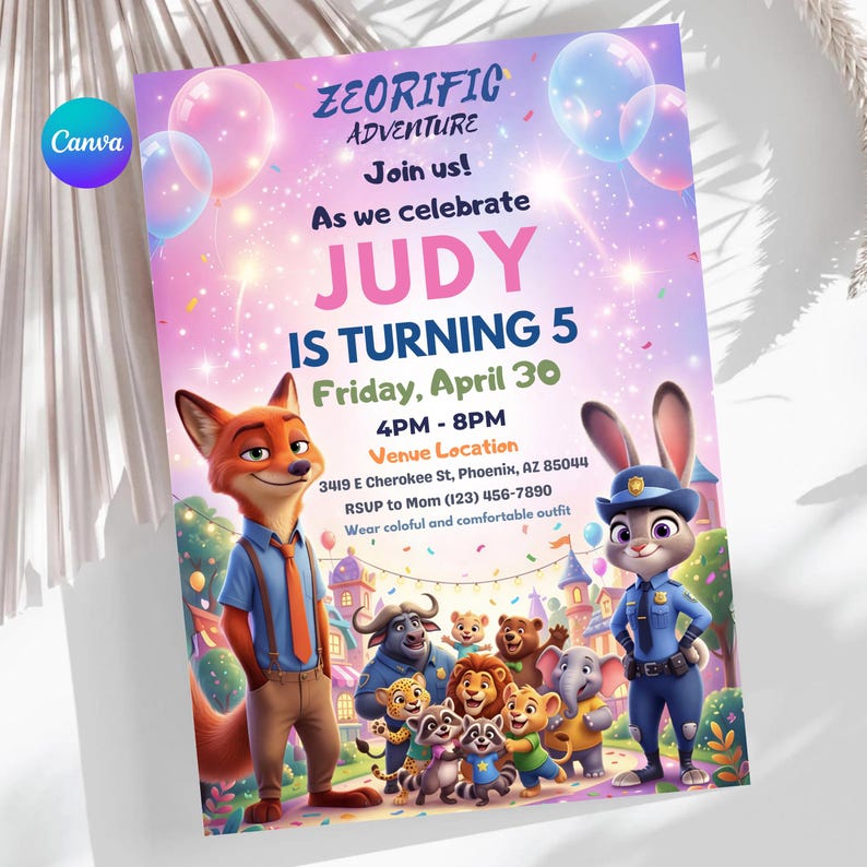 May include: A colorful invitation for a child's birthday party. The design features cartoon characters, balloons, and the text "JUDY IS TURNING 5". The invitation includes the date, time, and location of the party.