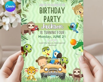 Editable Safari Birthday Invitation, Jungle Party Animal Birthday Invitations Zoo Invite Theme Kids Card