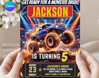 Monster Truck Birthday Invitation, Truck Bash Party Invite, Editable Canva Template