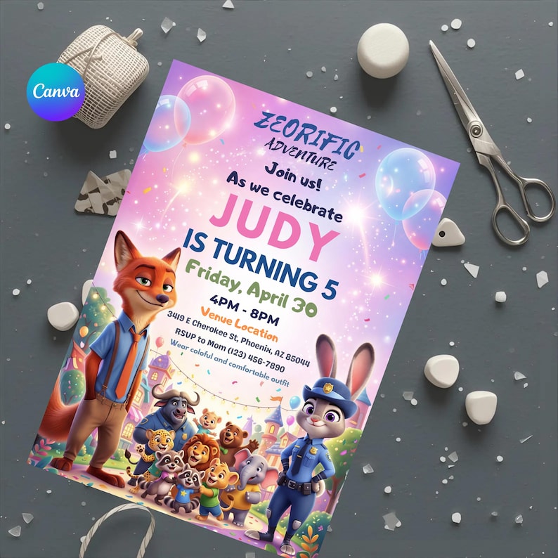 May include: A colorful invitation for a birthday party with the text "ZEORIFIC ADVENTURE" and "JUDY IS TURNING 5". The invitation features cartoon characters and balloons against a pink and purple background. The event details include the date, time, and location.