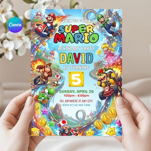 Editable Super Mario Birthday Invitation, Mario Kart Party Invite, Canva Template, Gaming Printable card
