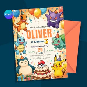 May include: A colorful birthday invitation featuring cartoon characters, balloons, and confetti. The invitation reads "OLIVER IS TURNING 3" with event details. An orange envelope is visible on the right.