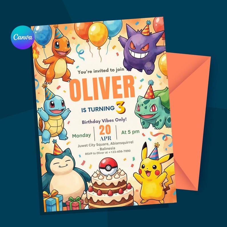 May include: A colorful birthday invitation featuring cartoon characters, balloons, and confetti. The invitation reads "OLIVER IS TURNING 3" with event details. An orange envelope is visible on the right.