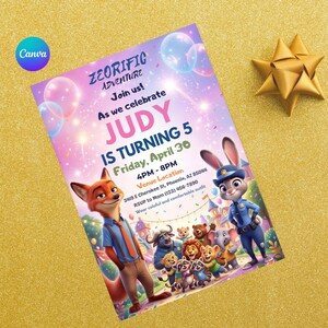 May include: A colorful invitation for a birthday party with the text "ZEORIFIC ADVENTURE" and "JUDY IS TURNING 5". The invitation features cartoon characters and balloons on a pink and purple background. The event details are included.