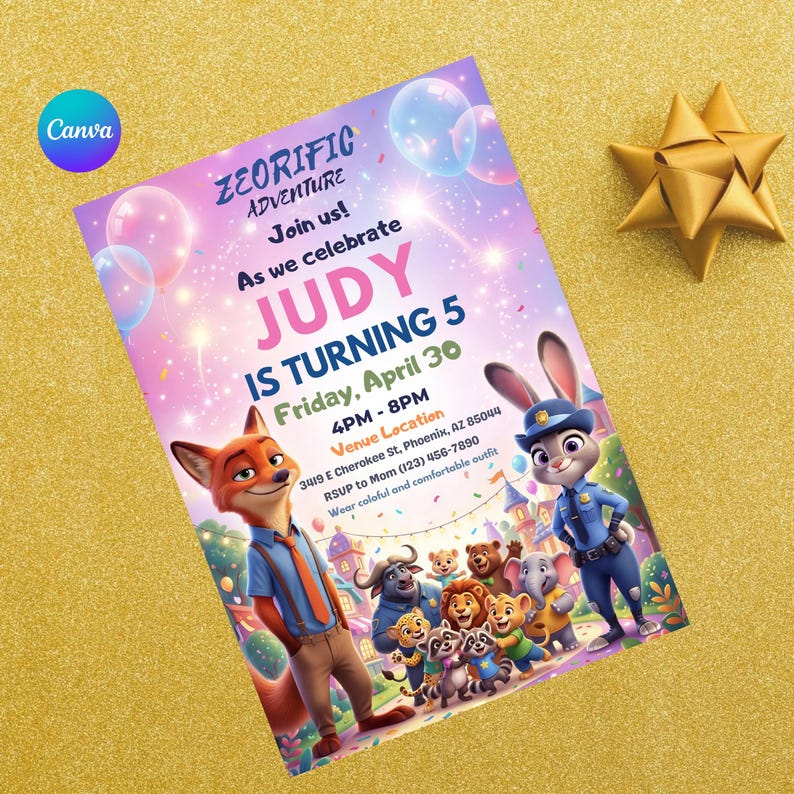 May include: A colorful invitation for a birthday party with the text "ZEORIFIC ADVENTURE" and "JUDY IS TURNING 5". The invitation features cartoon characters and balloons on a pink and purple background. The event details are included.