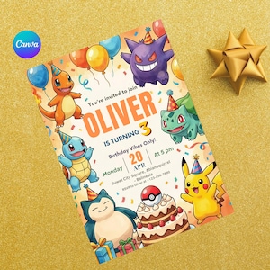 May include: A colorful birthday invitation featuring cartoon characters and balloons. The invitation reads "OLIVER IS TURNING 3" with event details. The design includes a cake, presents, and a Pok&eacute; Ball.