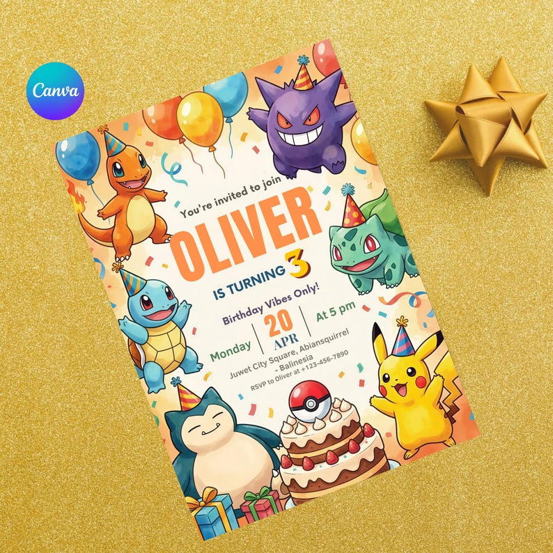 May include: A colorful birthday invitation featuring cartoon characters and balloons. The invitation reads "OLIVER IS TURNING 3" with event details. The design includes a cake, presents, and a Pok&eacute; Ball.