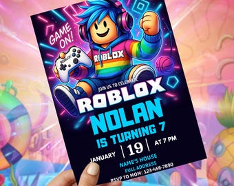 Editable Roblox Birthday Invitation Card, Gamer Kids Boys Party, Canva Template, Digital Download Invite