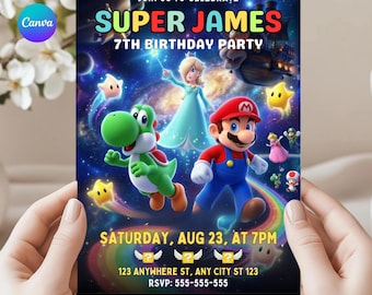 Super Mario Galaxy Birthday Invitation, Space Party Template, Canva Editable (Printable Digital Download)