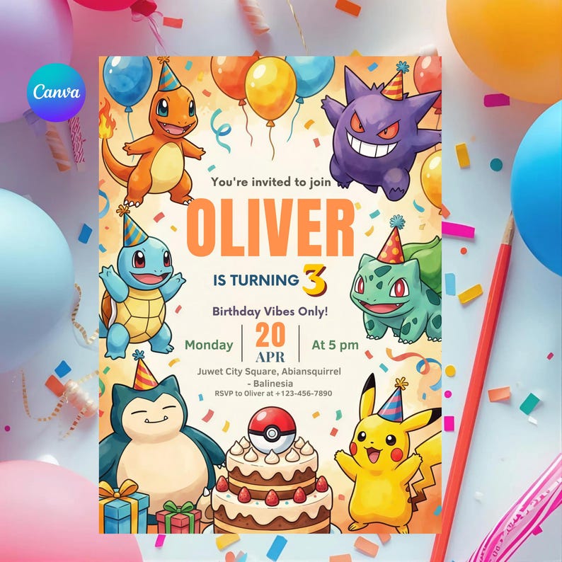 Editable Pokemon Birthday Invitation, Printable Pikachu Party Invite Card Digital Template for Kids Canva image 6