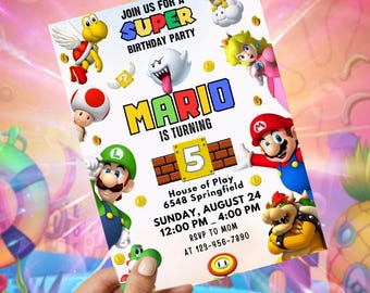 Bearbeitbare Super Mario Geburtstagseinladung | Bunte, druckbare Mario-Partyeinladung für Kinder (Jungen und Mädchen)