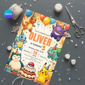 May include: A colorful birthday invitation featuring cartoon characters and balloons. The invitation reads "OLIVER IS TURNING 3" with event details. The design includes a cake, confetti, and the Canva logo.