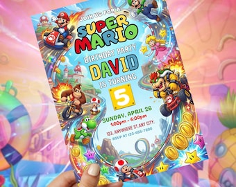 Editable Super Mario Birthday Invitation, Mario Kart Party Invite, Canva Template, Gaming Printable card