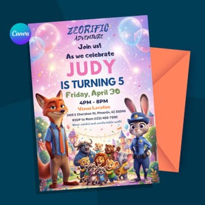 May include: A colorful invitation for a birthday party with the text "ZEORIFIC ADVENTURE Join us! As we celebrate JUDY IS TURNING 5". The invitation features cartoon characters and balloons, with an orange envelope in the background.