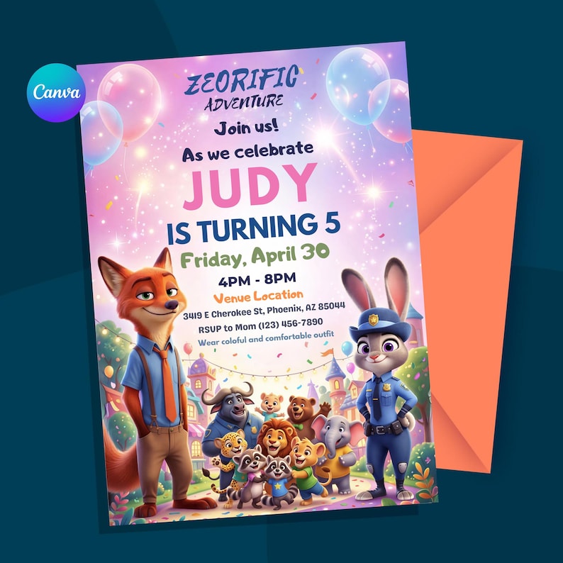 May include: A colorful invitation for a birthday party with the text "ZEORIFIC ADVENTURE Join us! As we celebrate JUDY IS TURNING 5". The invitation features cartoon characters and balloons, with an orange envelope in the background.