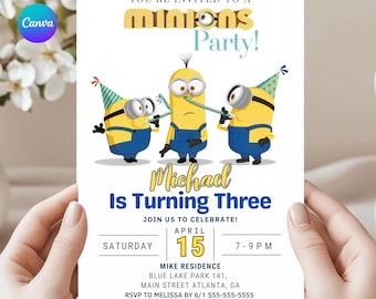Minions Editable Birthday Invitation Template, Kids Party Invite, Canva (Digital Download)
