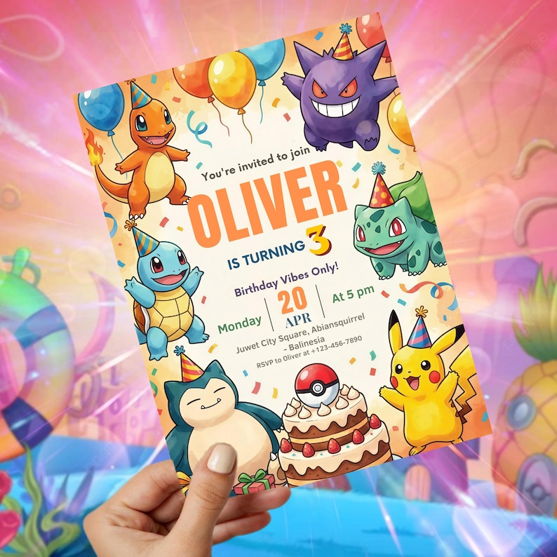 May include: A colorful birthday invitation featuring cartoon characters and balloons. The invitation reads "OLIVER IS TURNING 3" with the date and time of the party. The design includes a cake and a Pok&eacute; Ball.
