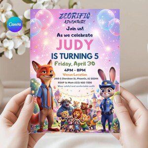 May include: A colorful birthday party invitation featuring the text "ZEORIFIC ADVENTURE" and "JUDY IS TURNING 5". The invitation includes cartoon characters and balloons, with the date, time, and location details.