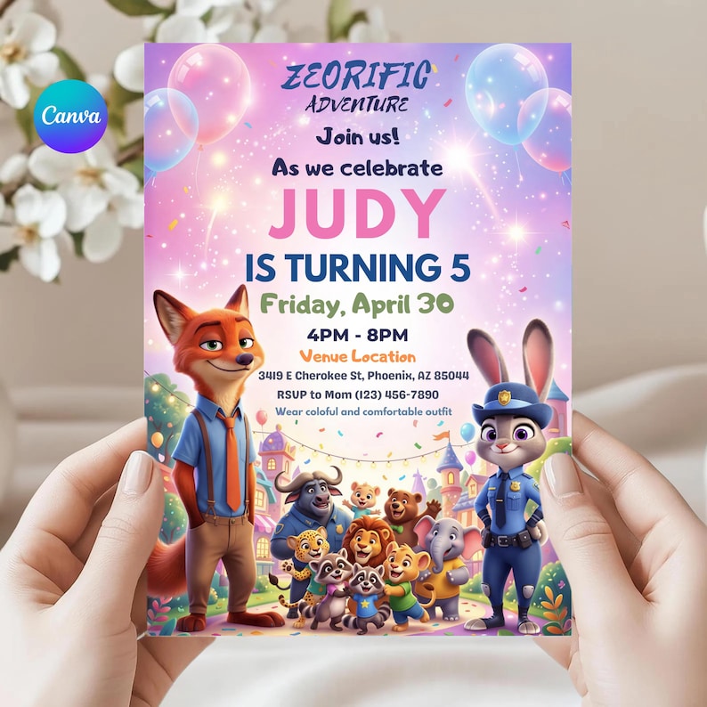 May include: A colorful birthday party invitation featuring the text "ZEORIFIC ADVENTURE" and "JUDY IS TURNING 5". The invitation includes cartoon characters and balloons, with the date, time, and location details.