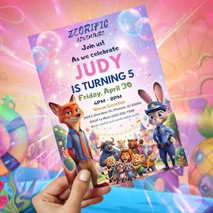 May include: A colorful invitation for Judy's 5th birthday party. The invitation features cartoon characters, balloons, and the text "ZEORIFIC ADVENTURE". The date is Friday, April 30, with the party from 4 PM to 8 PM. The venue is at 3419 E Cherokee St, Phoenix, AZ 85044.