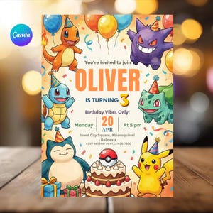 May include: A colorful birthday invitation featuring cartoon characters and balloons. The invitation reads "OLIVER IS TURNING 3" with the date and time. The design includes a cake, gifts, and the Canva logo.