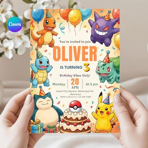 Editable Pokemon Birthday Invitation, Printable Pikachu Party Invite Card Digital Template for Kids Canva