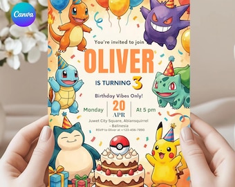 Bearbeitbare Pokemon-Geburtstagseinladung, druckbare Pikachu Party Invite Card Digital Template für Kids Canva