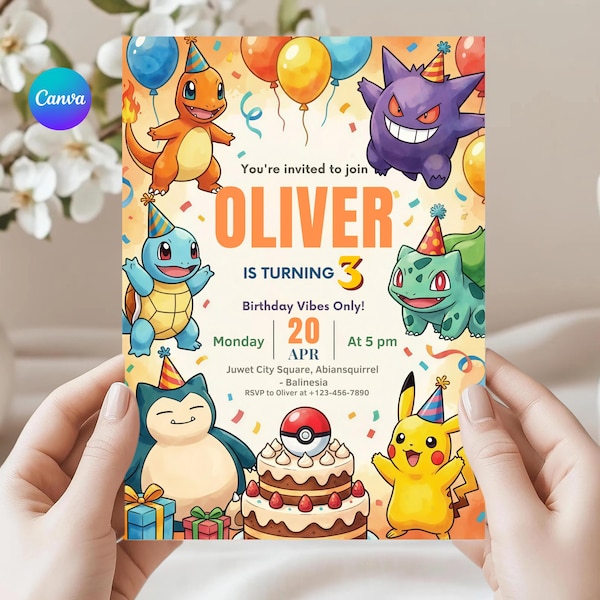 Editable Pokemon Birthday Invitation, Printable Pikachu Party Invite Card Digital Template for Kids Canva